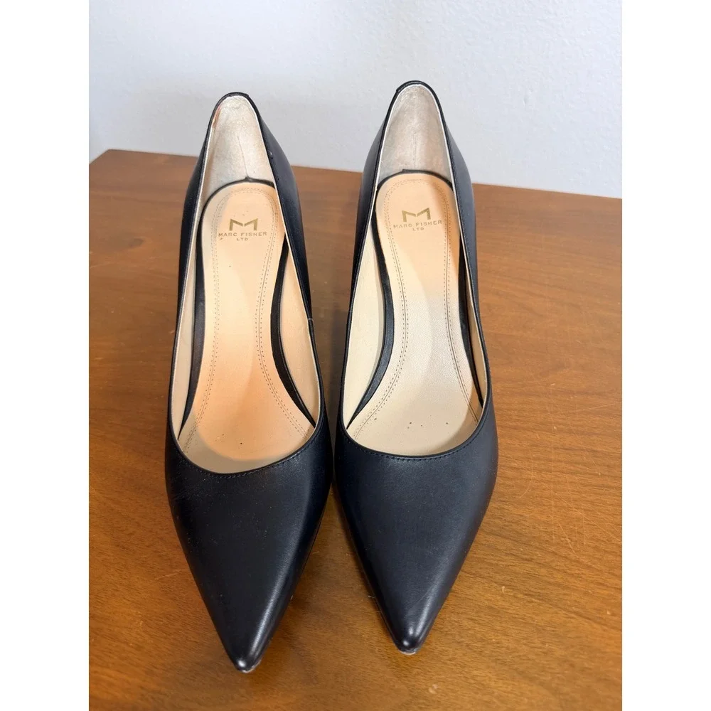 Marc Fisher LTD Pump Women 8M Black Zala Pointed Toe Leather Block Heel Office - Picture 2 of 9